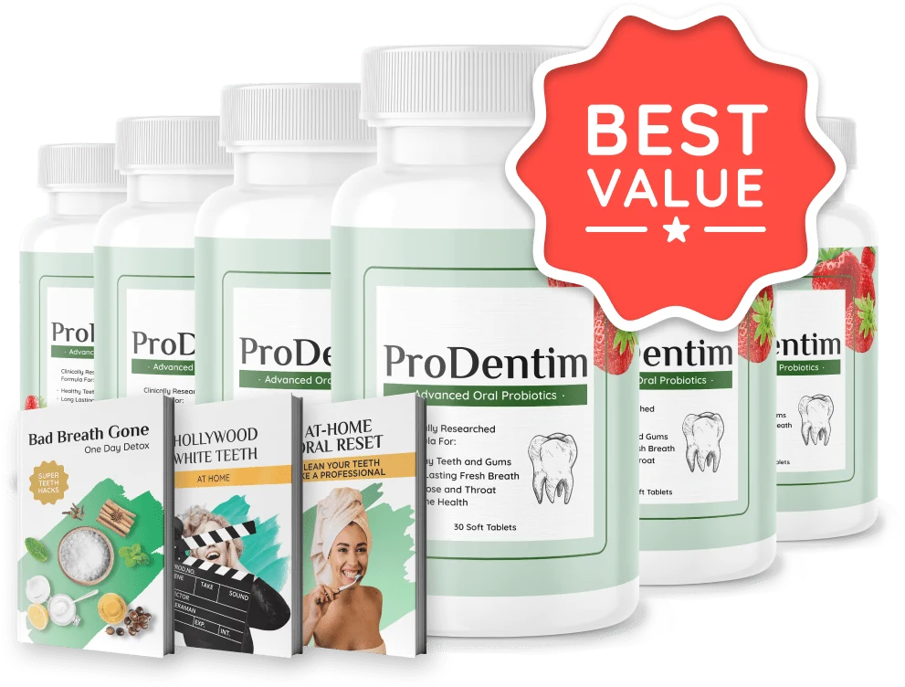 ProDentim 6-bottle bundle with three free bonus guides, 180-day supply